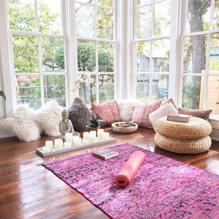 Soft indoor corner with yoga mat and calming Nordic tones for relaxation poses